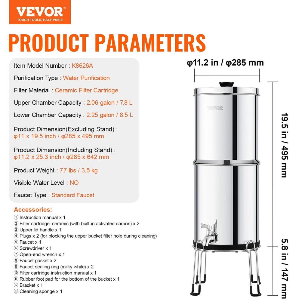 Gravity-fed Water Filter System, 2.25G 304 Stainless-Steel Countertop Water Filtration System, Reduces Lead and up to 99% of Chlorine, with 2 Ceramic