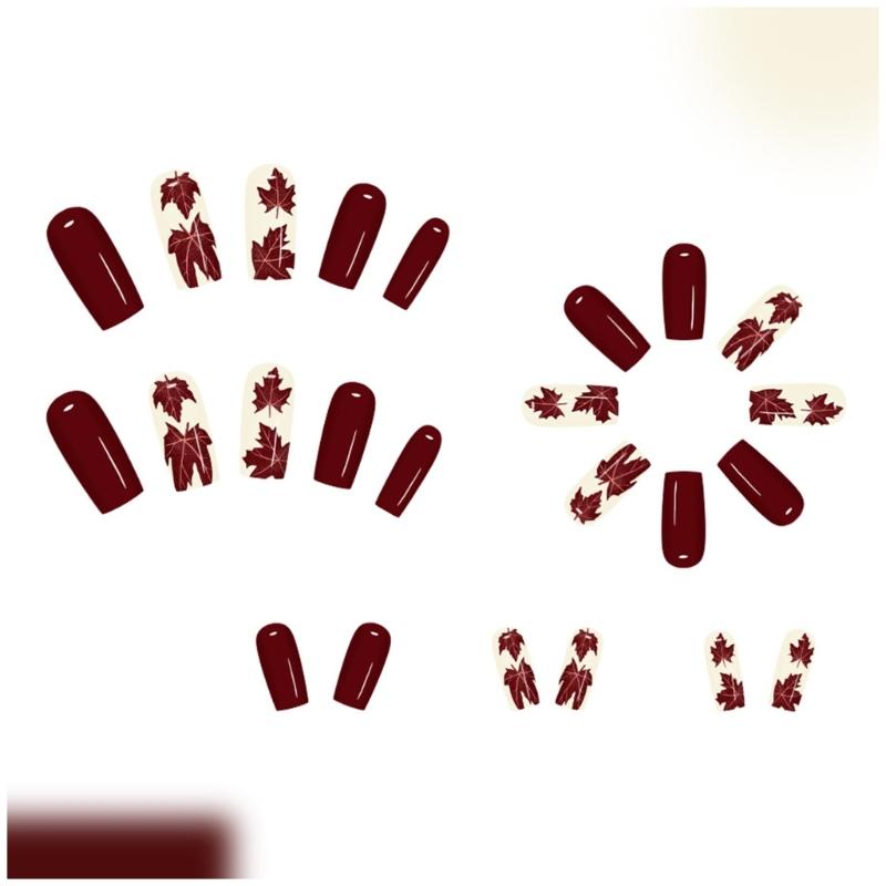 Autumn Winter Press On Nail Set of 24 Glossy Maple Leaf Design Easy Application Comfort Fit