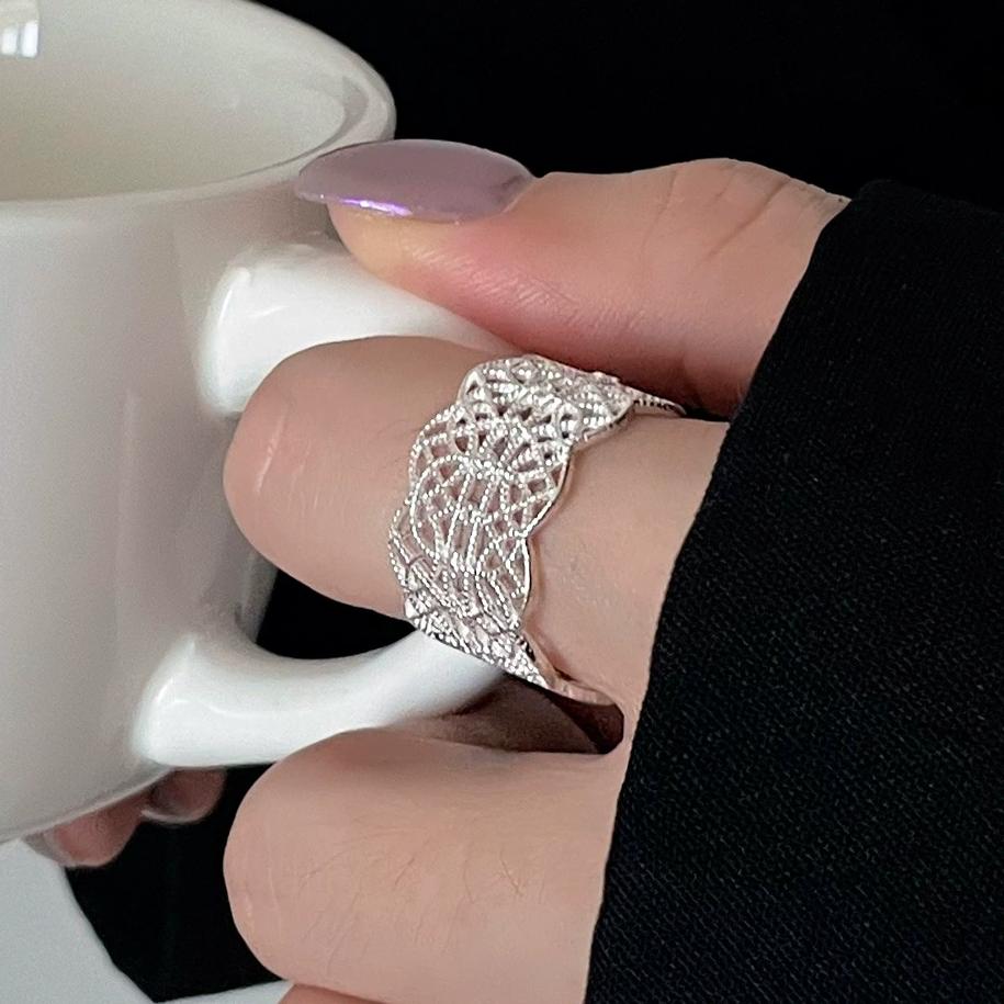 925 Silver Flower Lace Ring Korean Fashion Opening Inlaid CZ Adjustable Rings Valentine's Day Gift