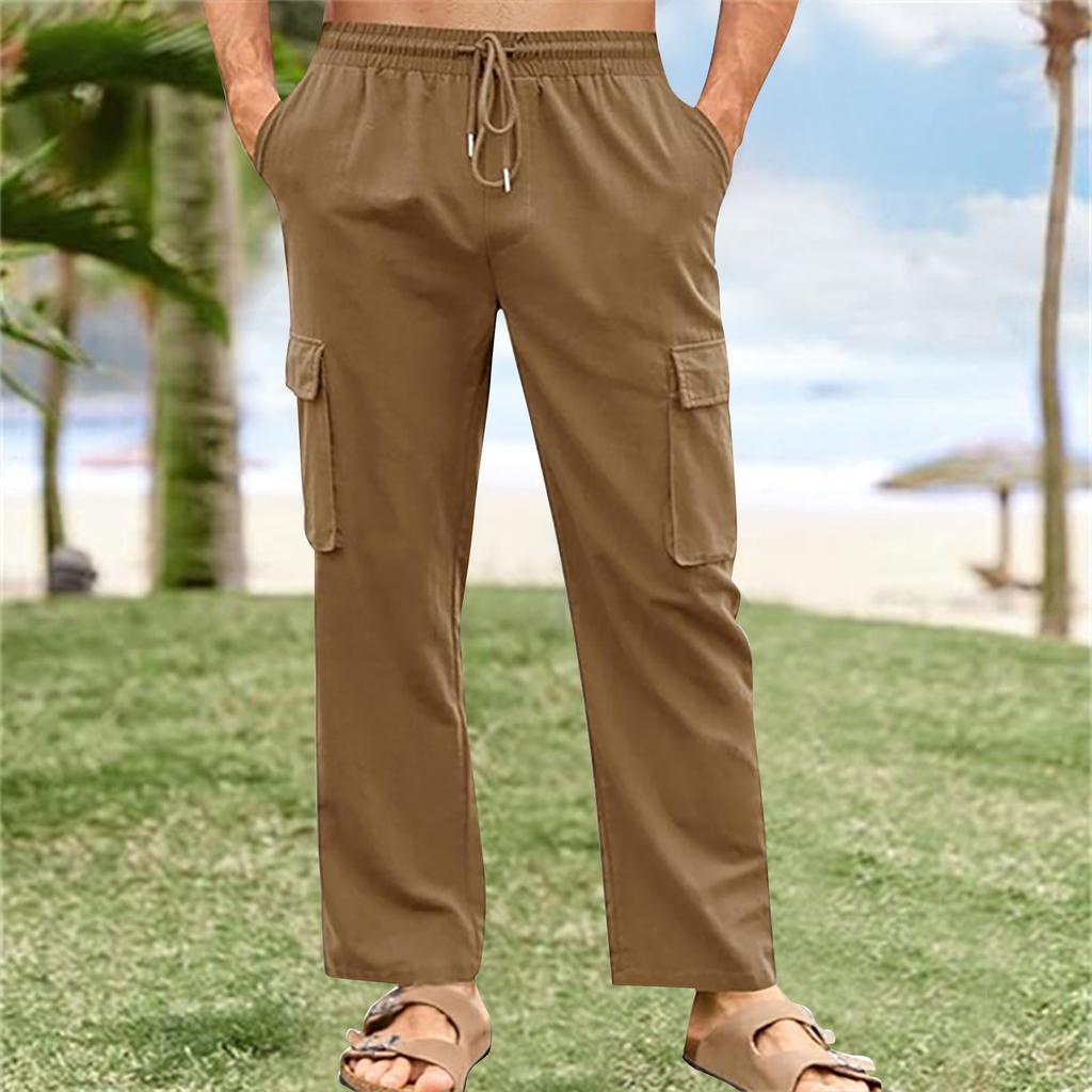 Брюки-карго из хлопка и льна с дышащей эластичной талией и шнурком, мужские повседневные свободные летние пляжные брюки
