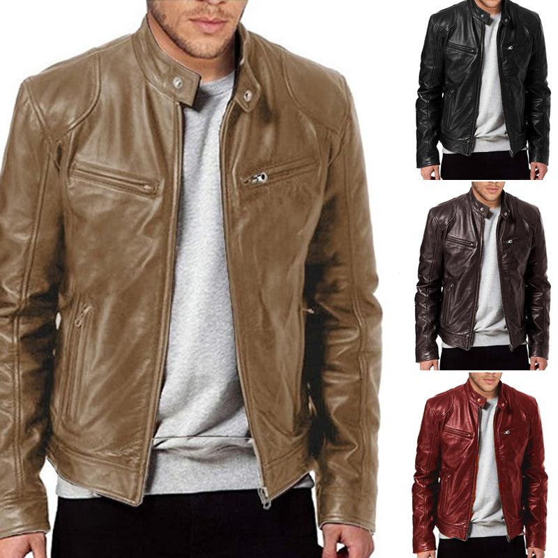 Winter Business Gentleman Zip Cardigan Pocket Decorative PU Leather Jacket Stand-Up Collar Slim Leather Jacket Jacket