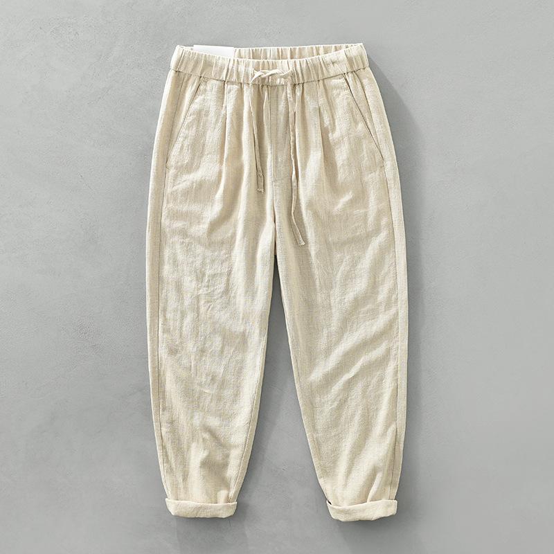 Spring and Summer Baggy Jogging Pants Men Youth Casual Breathable Beach Ramie Cotton Pants Drawstring Elastic Waist Straight Pants