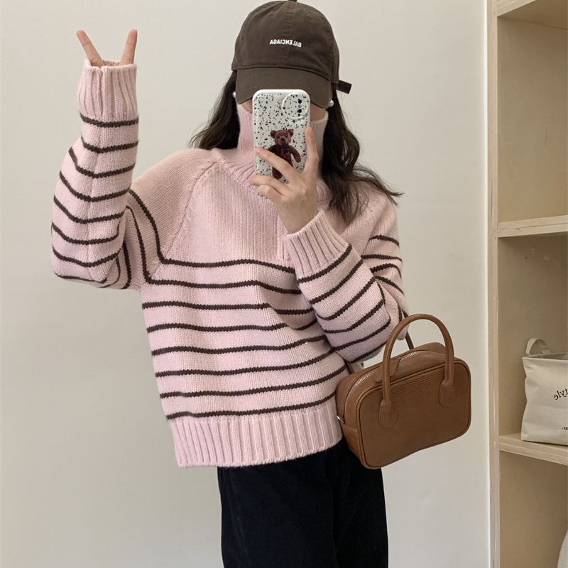 Autumn and Winter New Casual Simple Striped Knitted Sweater Top Women's Fashion Versatile Lapel Pullover Sweater