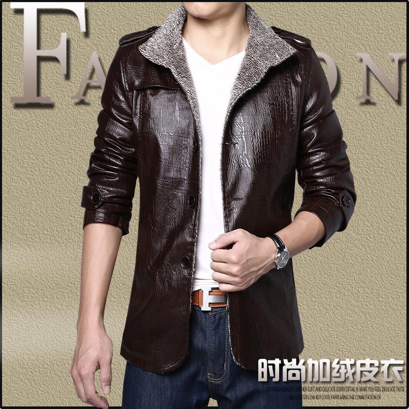 Autumn and winter new velvet PU leather jacket men's fashion and leisure medium and long stand-up collar jacket men's business and leisure