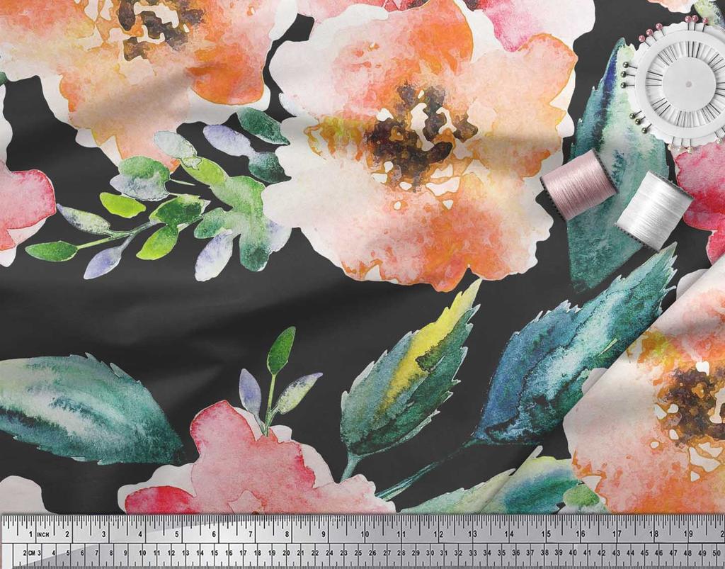 Soimoi Японский креп-атласная ткань с цветами и листьями, акварельный принт, швейная ткань, метр 42 дюйма