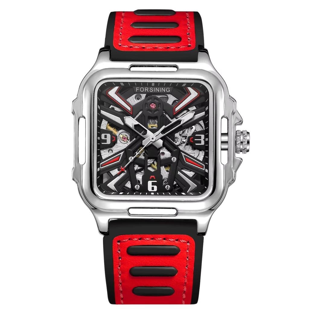 Luxury Square Transparent Skeleton Mens Watches Field Sports Rubber Band Mechanical Watch Luminous Waterproof Reloj Hombre 2024