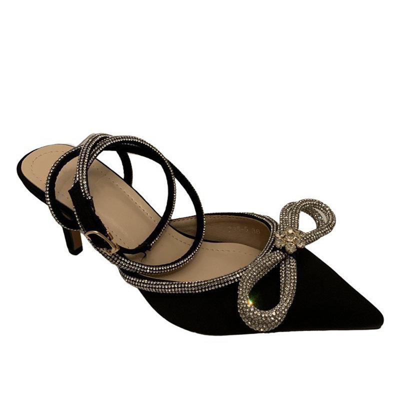 Босоножки Новые Женские Стразы Бант Женская Обувь Тонкий Каблук Сумка Голова Французские Красивые Крутые Высокие Каблуки