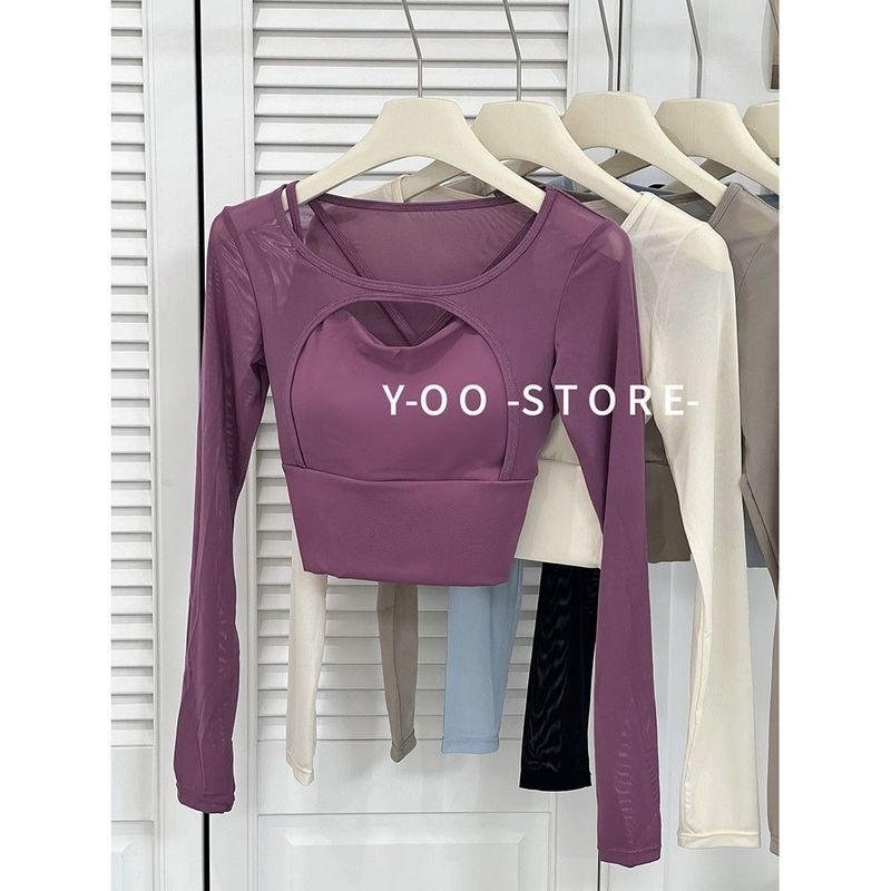 Y с нагрудными подушечками Американская одежда для йоги Футболка с длинными рукавами Женская Сексуально подчеркивающая фигуру Вырезы Сетчатая строчка Спортивный фитнес-топ