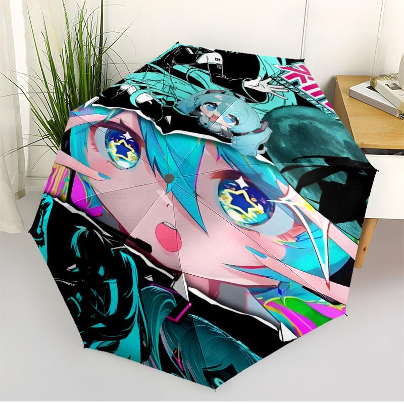 Hatsune Miku Print Automatic Open Close Umbrella, Portable Foldable Umbrella, for Outdoor Commute Camping Trip, Ideal Birthday Gift