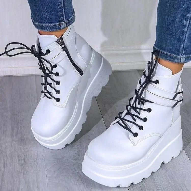 Fashion 2025 New Fashion Zip Lace-up High Heels Women's Boot Party Goth Wedges Shoes Woman Luxury Female Platform Green Ankle Boots