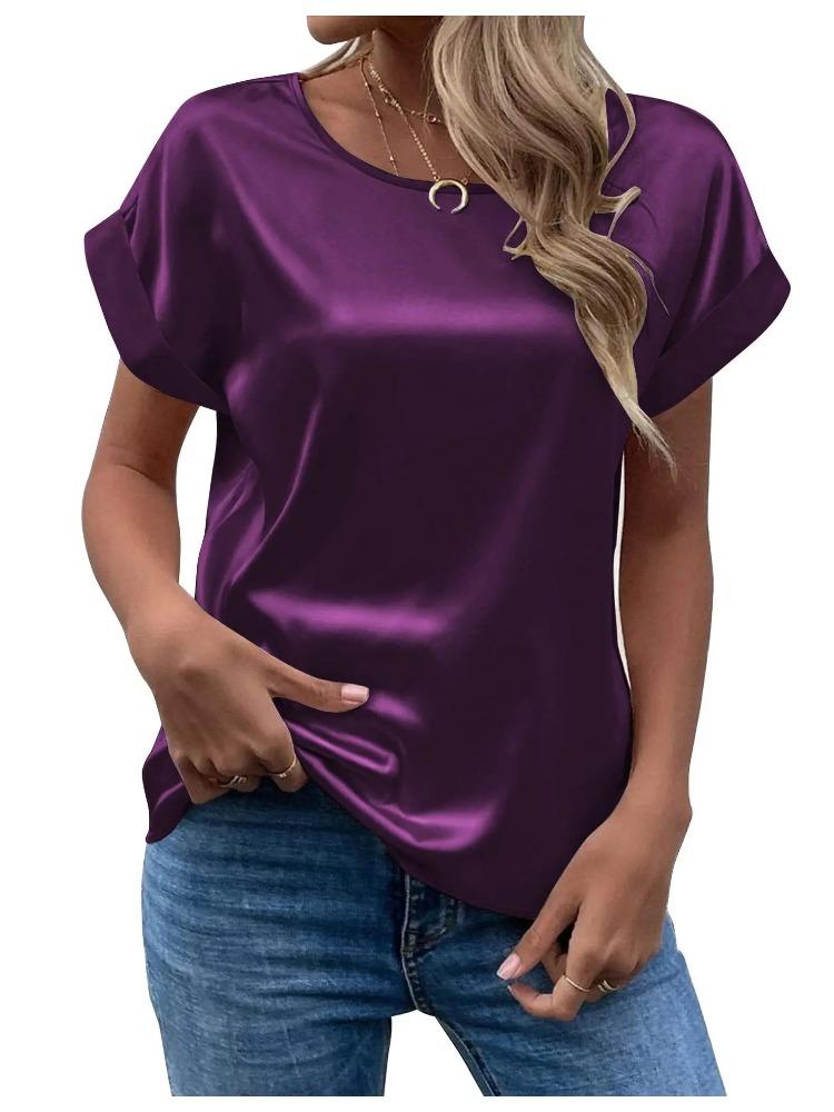 Spring and Summer New Women's Short Sleeve Satin Shirt Loose Casual Round Neck Colored Ding T-shirt Women