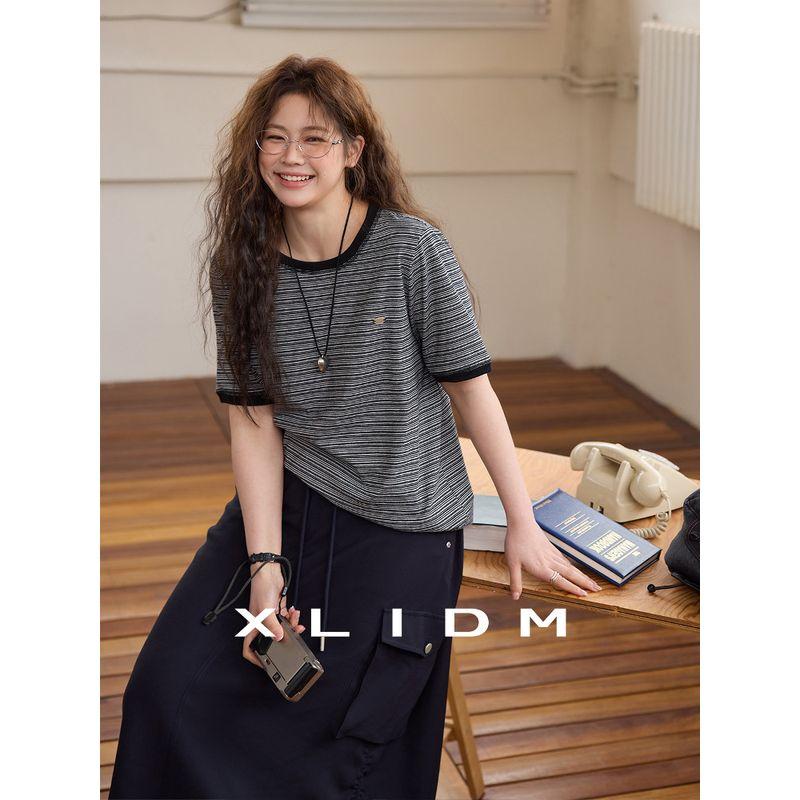 Xiaoli Plus Size Women's Stretch Pure Cotton Comfortable Contrast Color Pinstripe Slim Looking T-shirt Summer round Neck Shoulder Short Sleeve