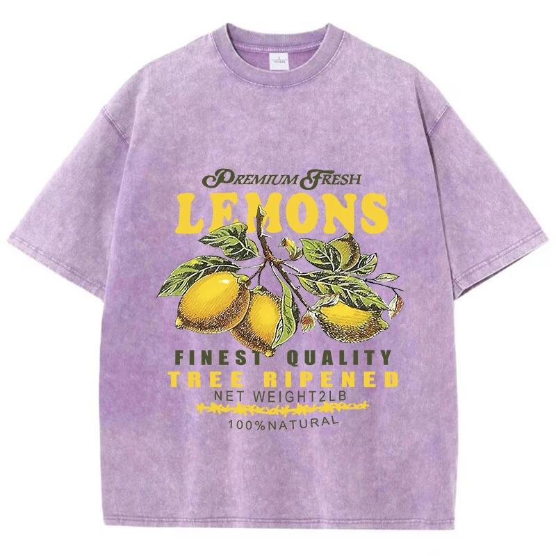 Cotton Women Acid Wash T-Shirts Premium Fresh Lemons Printing Tees Distressed Oversize O-Neck Short Sleeve Female Clothes