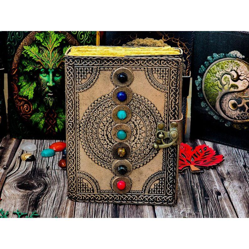 Blank Spell Book of Shadows Journal with Lock Clasp Handmade Leather Seven Stone Diary Seven Chakra Prayer Pagan Book