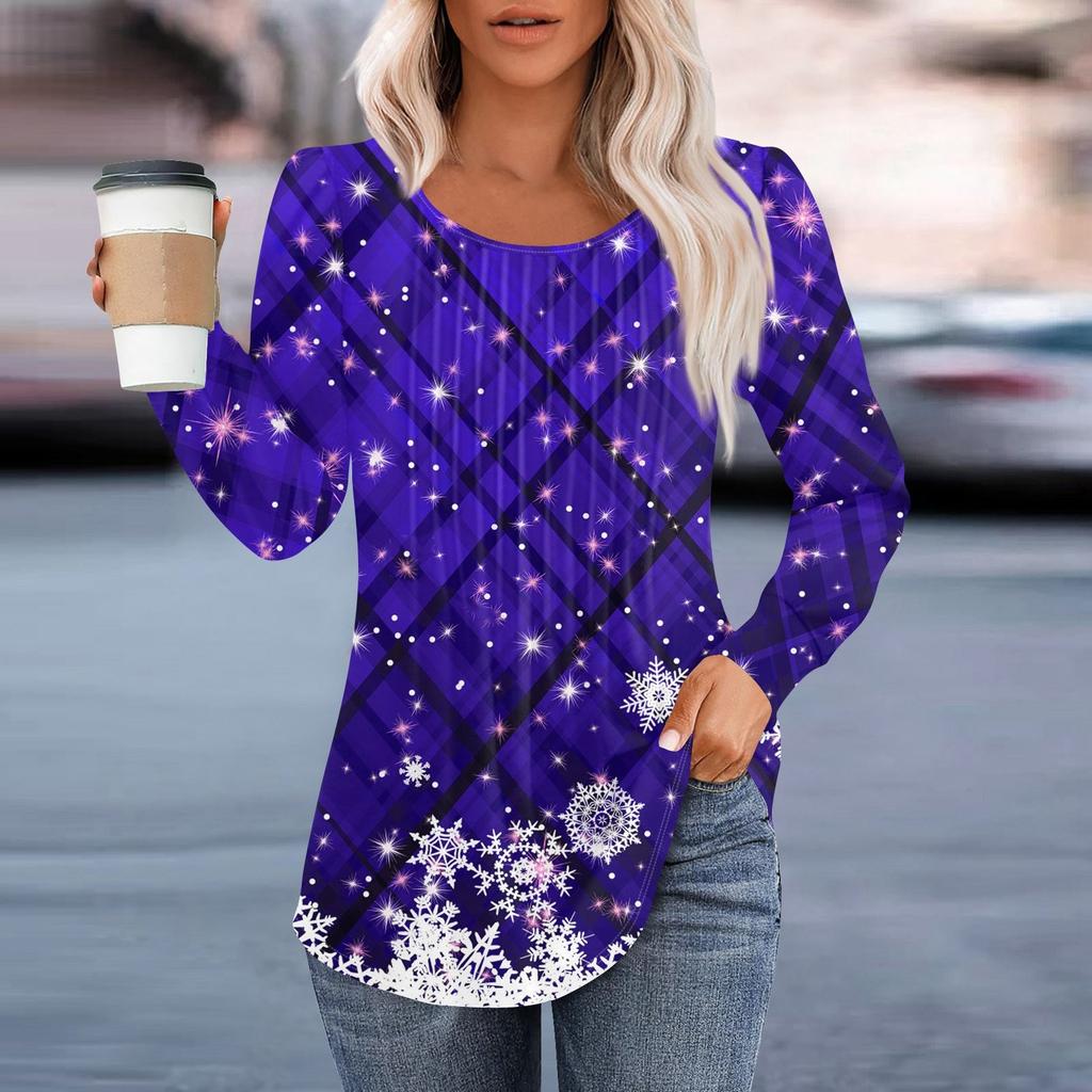 Женская повседневная и модная принтованная футболка с круглым вырезом и длинными рукавами, плиссированная футболка на Рождество