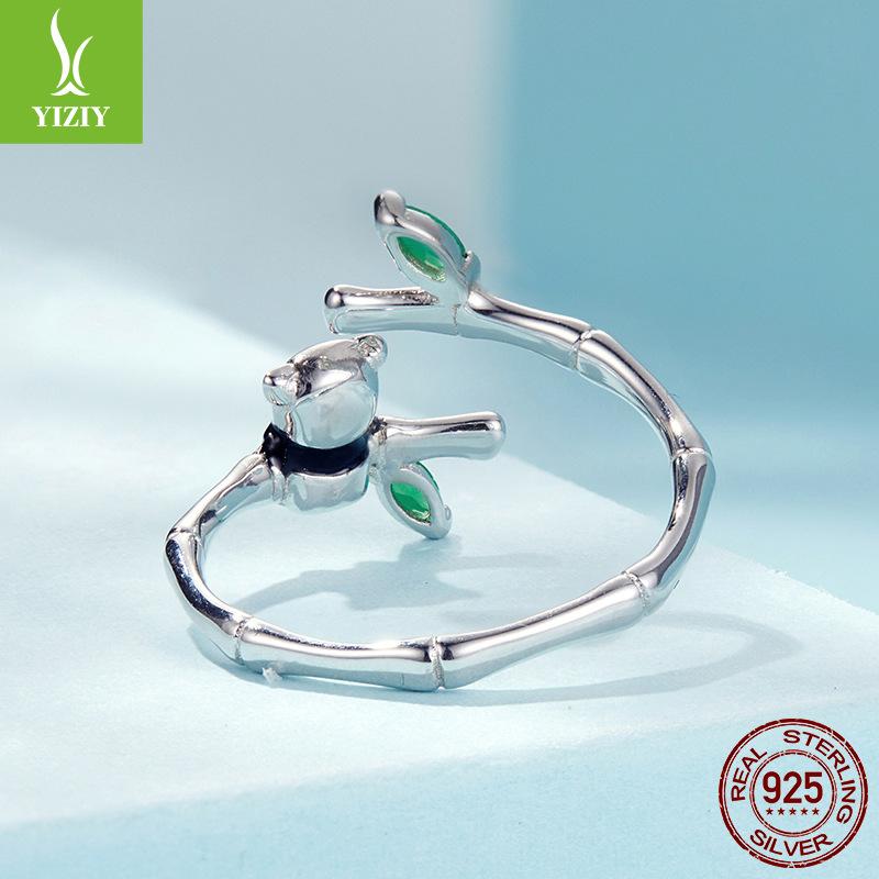 Милое маленькое животное S925 стерлинговое серебро панда бамбук открытое кольцо женское нишевое премиум легкая роскошь