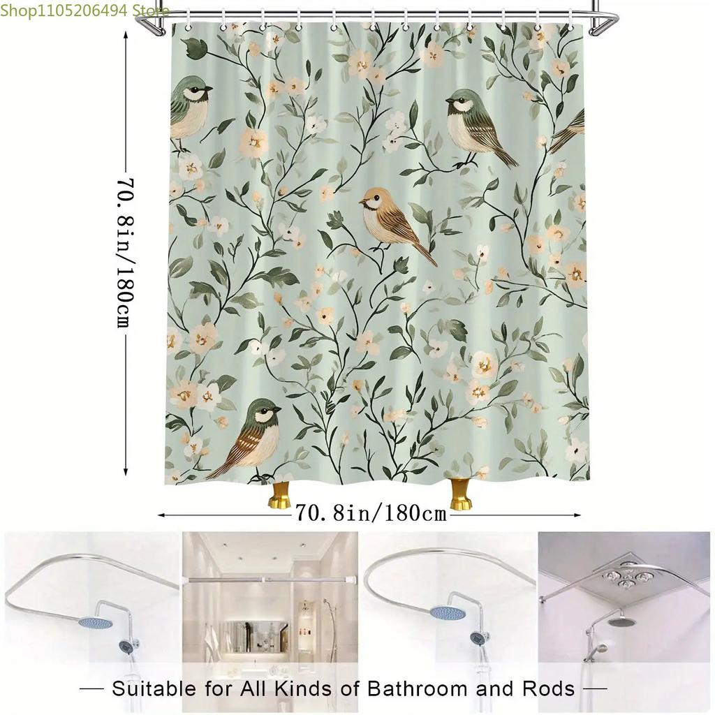 1pc Botanical Birds & Floral Shower Curtain - Pale Mint Green High Quality with 12 Hooks, Rustic Bathroom Decor, Watercolor-li