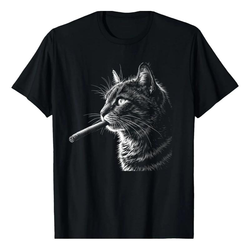 Gato Fumando Cigarro, Divertida Camiseta Negra Para Fumadore