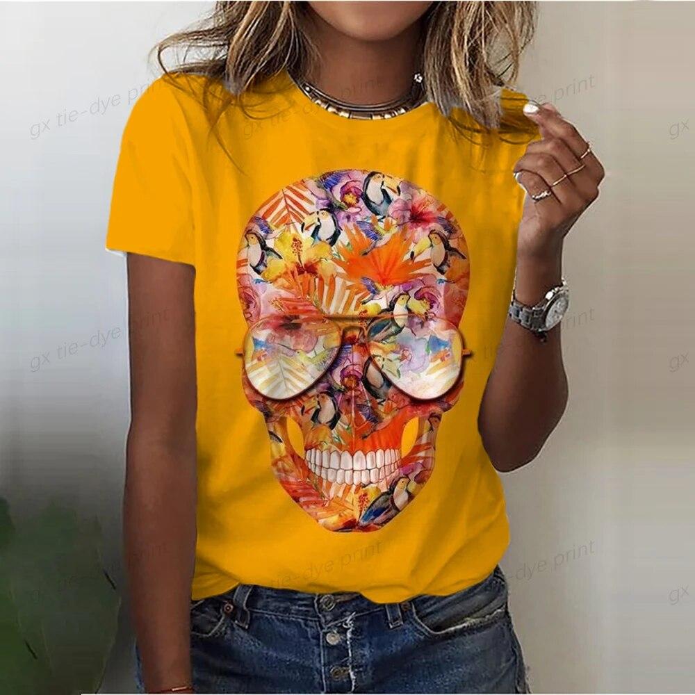 Женская футболка с принтом черепа, черная женская повседневная футболка с круглым вырезом, белая модная свободная рубашка, женская футболка с коротким рукавом, розовый череп