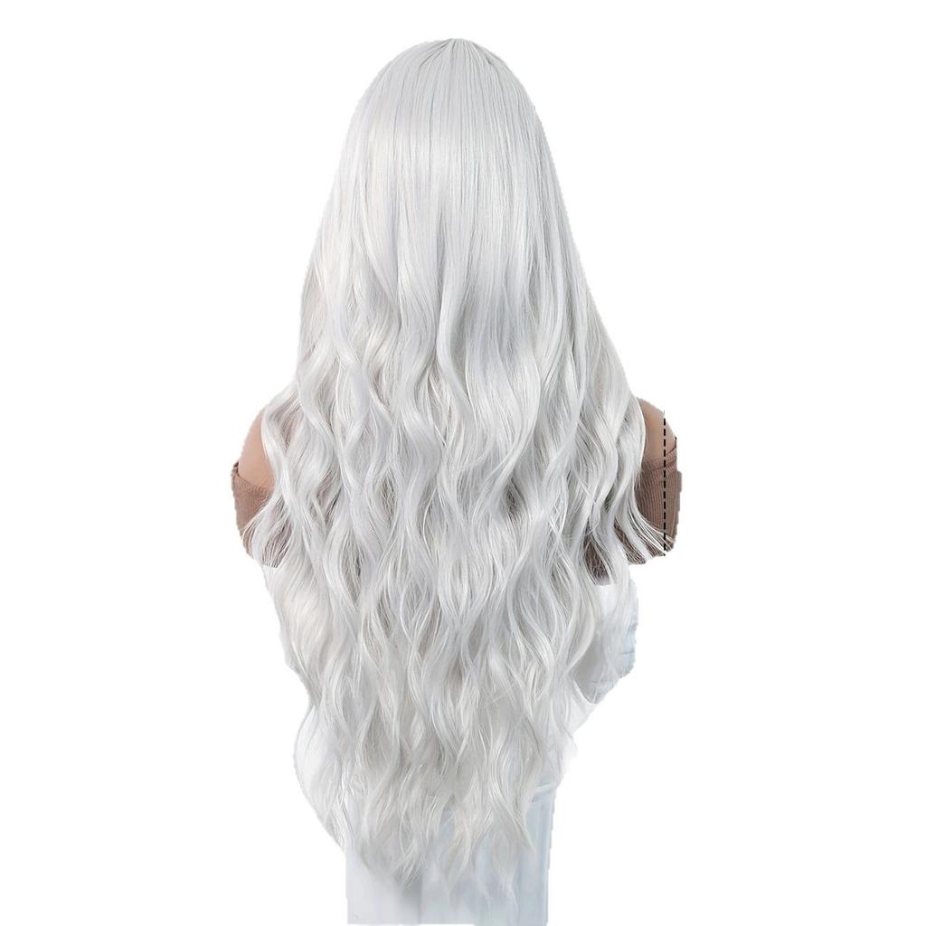 Серебристо-белый Средний Большой Волна Синтетический Длинные Вьющиеся Волосы Модный Элегантный Чисто Белый Имитация Парика Женский Парик