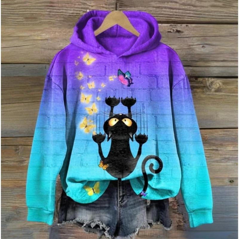 Осенняя женская толстовка с капюшоном с принтом кота, повседневная, с длинным рукавом, 3D-одежда, модная уличная одежда, свитер с круглым вырезом, женская свободная одежда