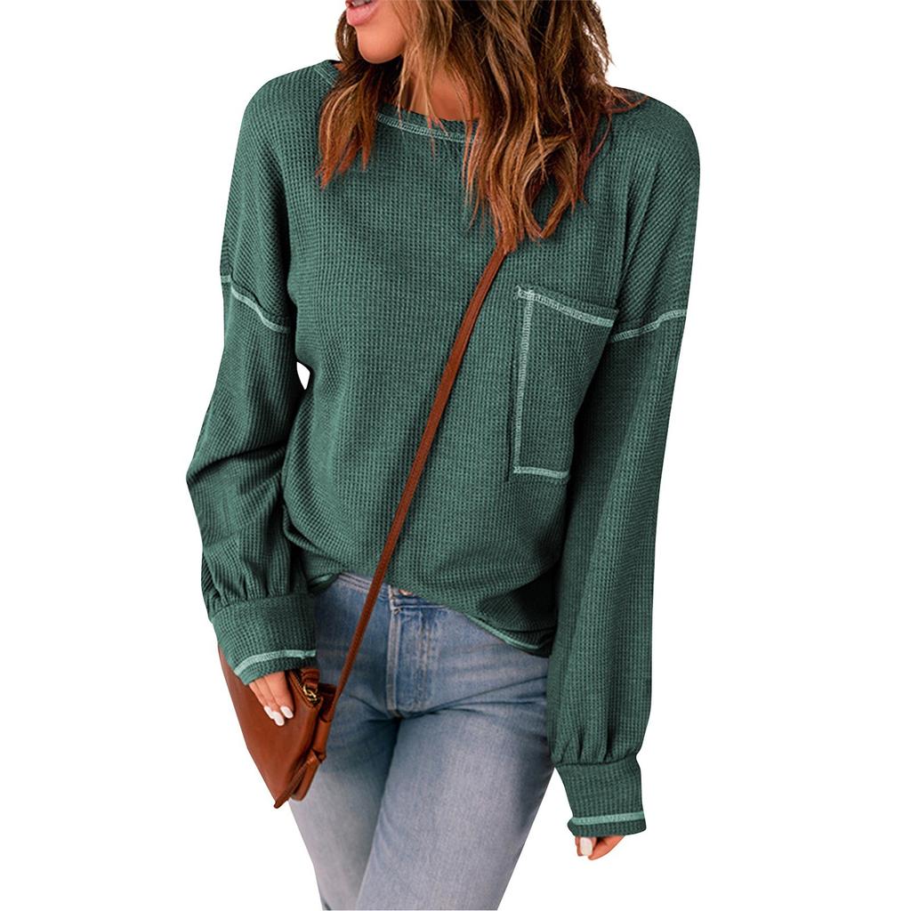 Женский однотонный осенний вязаный топ с длинными рукавами и карманами и круглым вырезом
