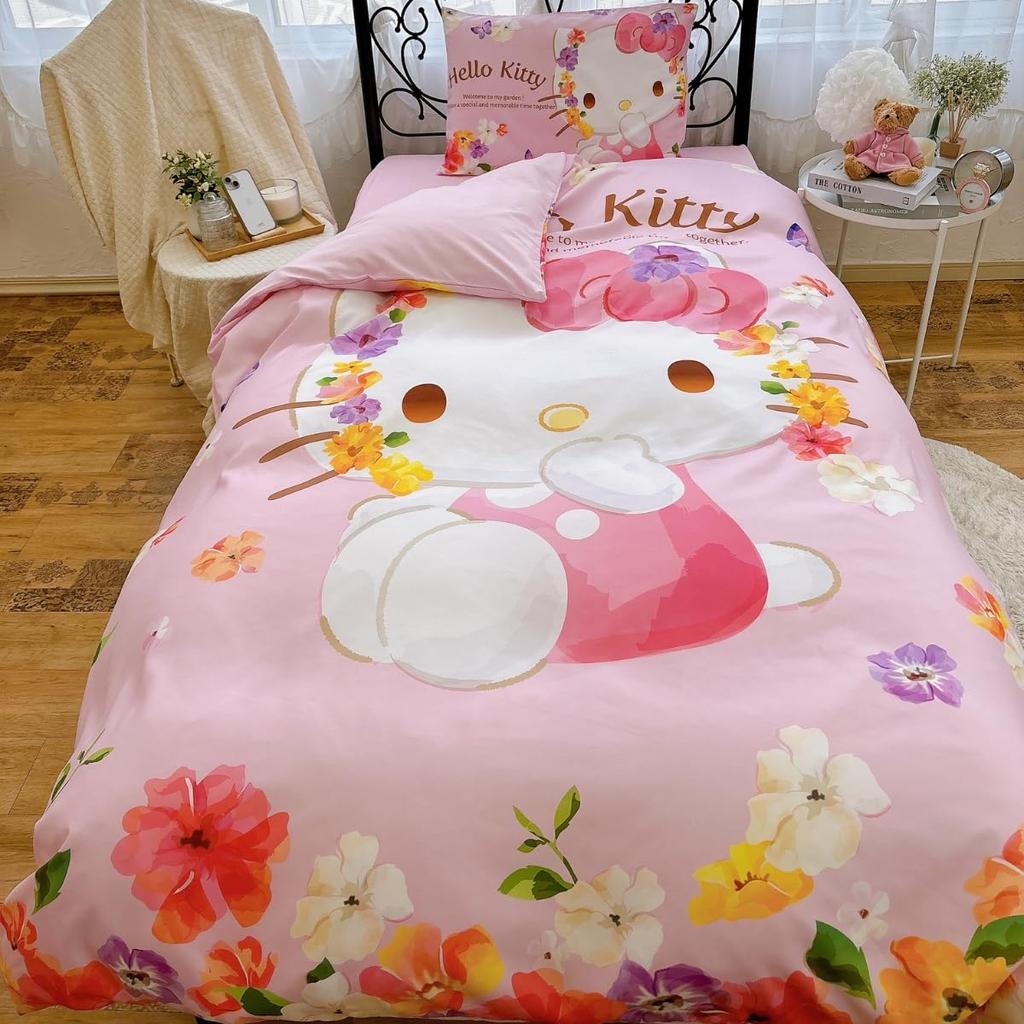 Sanrio Hello Kitty Пододеяльник из 3 предметов Одинарный Котенок HelloKitty Цветочный Узор Персонаж Котенок SS-21-201-56