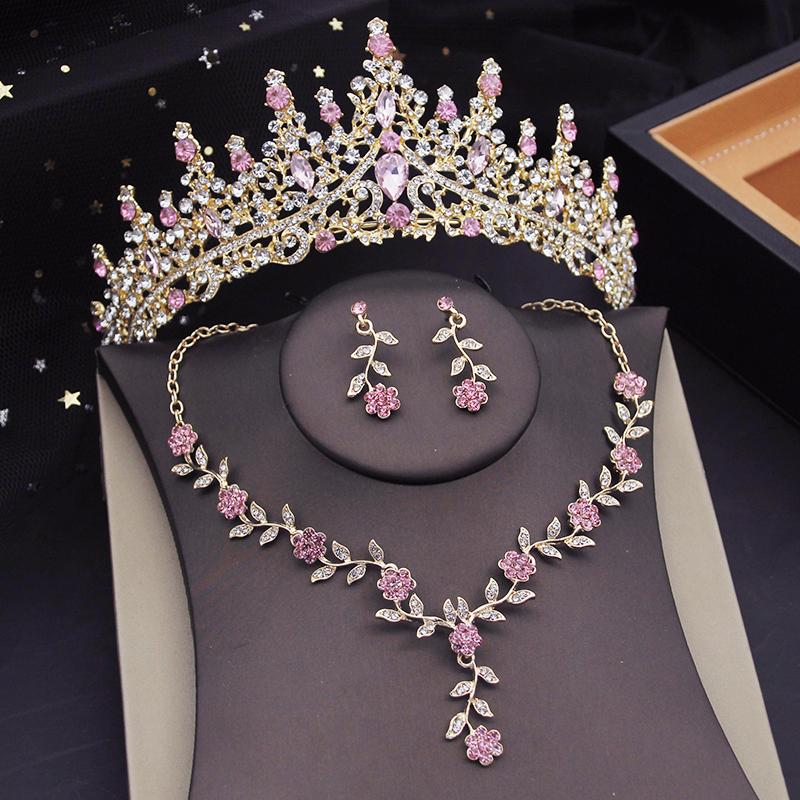 3 Pcs Pink Bridal Jewelry Sets for Women Crown Flower Choker Necklace Earring Wedding Tiara Bride Costume Accessories