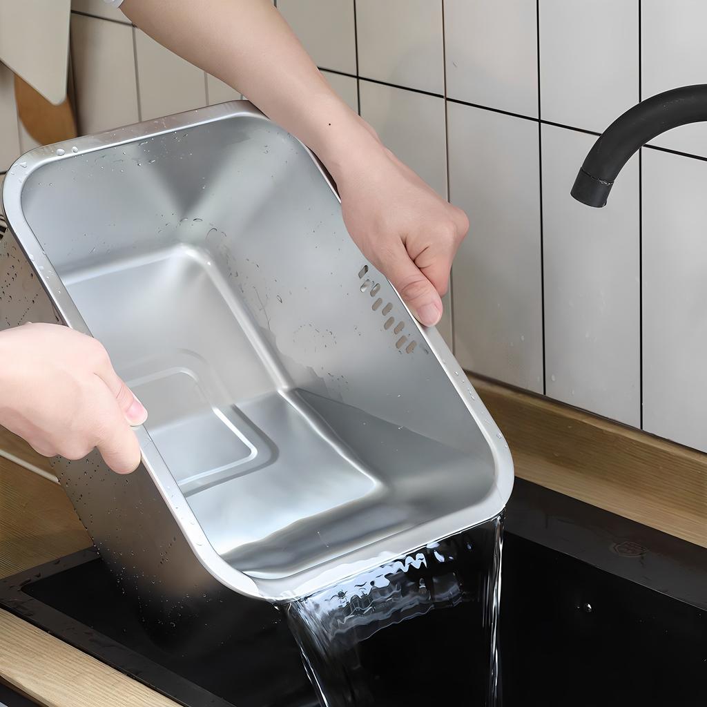 Portable Vegetable Bowl 10L Large 35.5 x 26.5 x 15cm Stainless Steel Dishpan, Multipurpose Kitchen Sink Bowl Tub Washing Basin