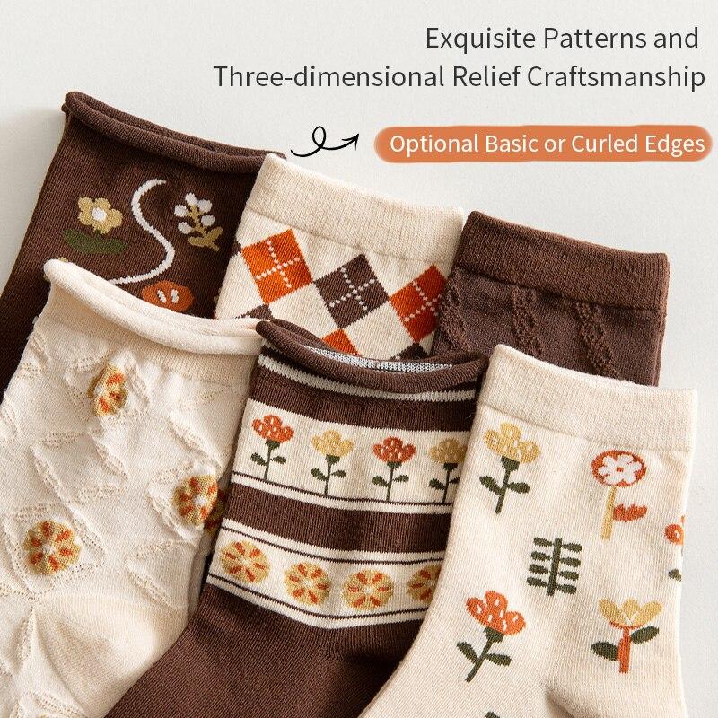 6 пар женских носков средней длины на весну-лето, цвета хаки, с винтажным цветочным узором, ромбами, полосками, милые и удобные