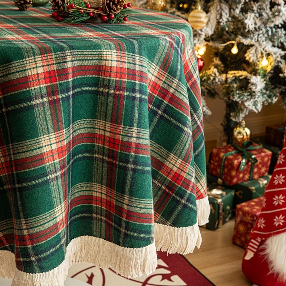Christmas Tablecloth Round Checkered Fringe Red Green Plaid Vintage Luxury Party Dining Table Cover Decor