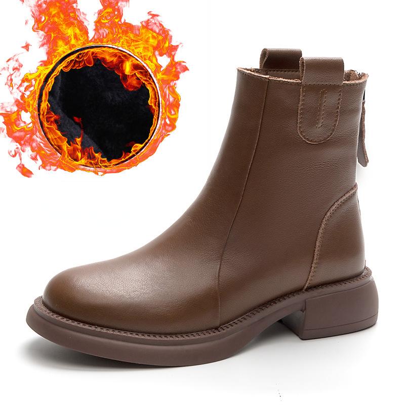 Women's Boots Vintage Shoes Women's Thickened Genuine Leather Short Boots Spring/Autumn Ankle Boots for Women Botas De Mujer