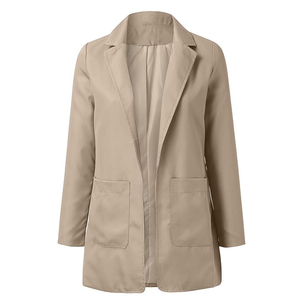 Women Solid Open Front Pockets Cardigan Formal Suit Long Sleeve Blouse Coat