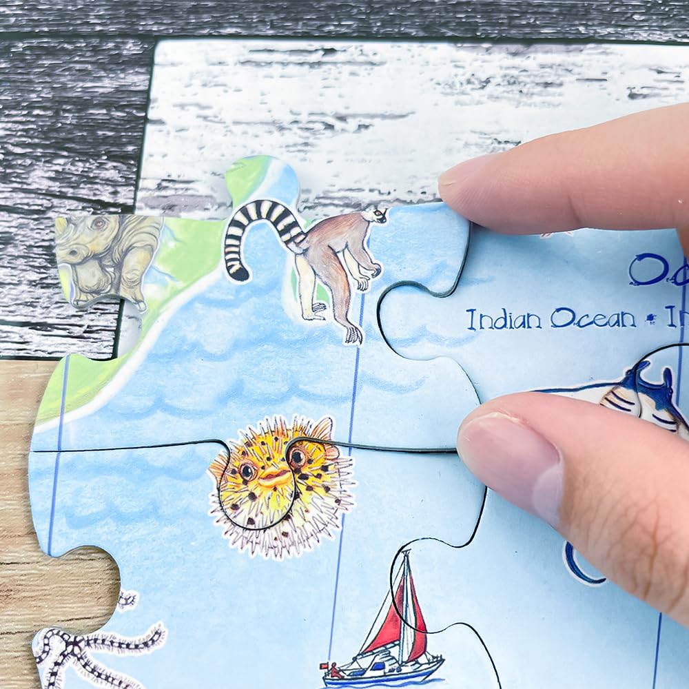 DJECO Observation Puzzle, World Animals, 100-Piece Jigsaw Puzzle, World Map, Animal Hunting Picture Book, Montessori Style, Ages 4, 5, 6, 7, Boys and