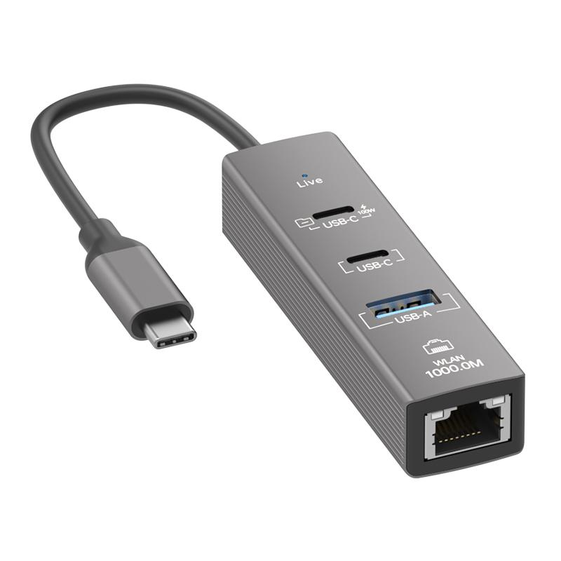 4 in 1 Gigabit Ethernet Adapter 1000 Mbps LAN USB 3.0 Data Transfer PD 100W Charging Type C Hub