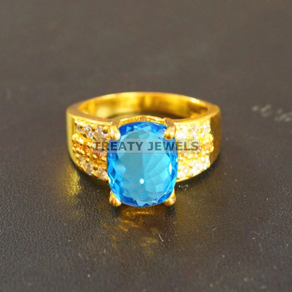 Blue Topaz Oval Cut With 925 Sterling Silver Gold Plated Ring For Men's #A880 JL375669031188