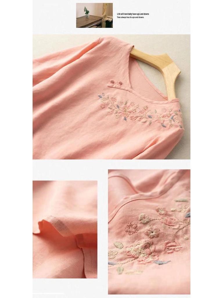 Женская хлопково-льняная футболка с вышивкой: Осень 2024 Свободный крой, Прикрывающий живот, Прилегающий круглый вырез, Рукава 3/4