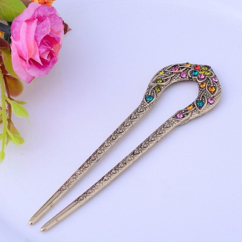 Antique Delicate Bronze Plated Rhinestone Flower Hair Accessories U-shaped Hairpins Stick Pin