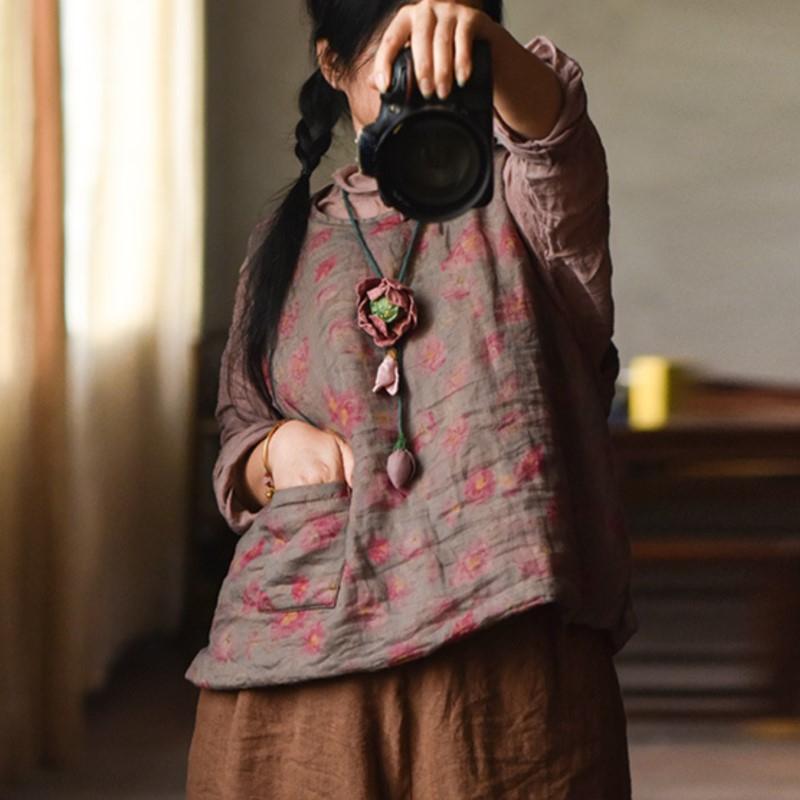 Johnature Women Vintage Print Floral Pullover Vests Coats O-Neck Patchwork Pockets Clothes Spring Chinese Style Vests