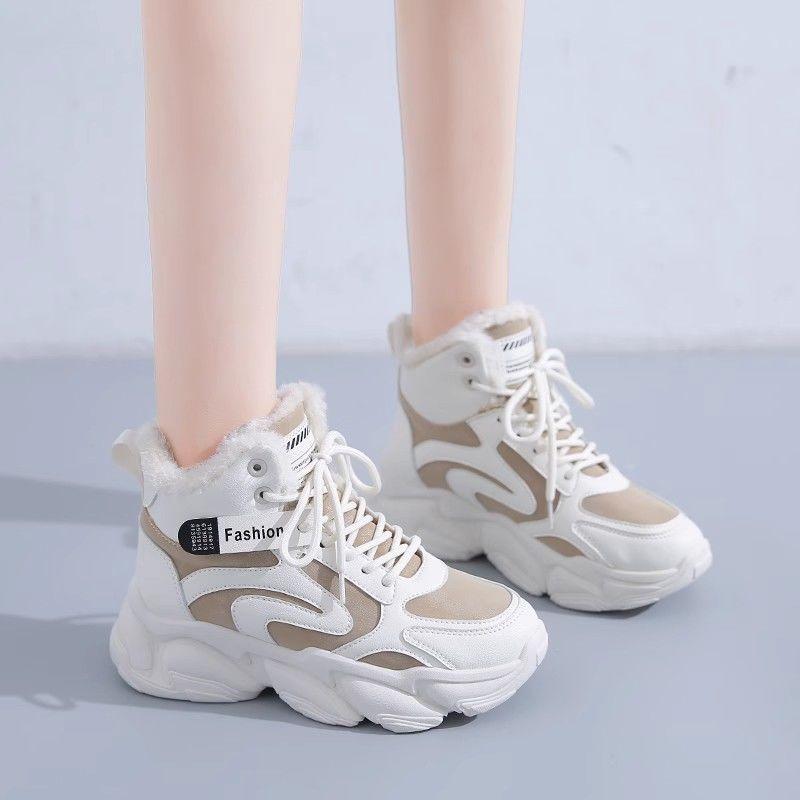 Winter New Velvet Thickened Warm High-top Cotton Shoes Women's Large Cotton Little White Sports Dad Shoes
