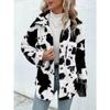 Fashion Double Sided Plush Cow Patterned Pocket Top Jacket Women's Coats Casual Tops Long Sleeve Winter Coat