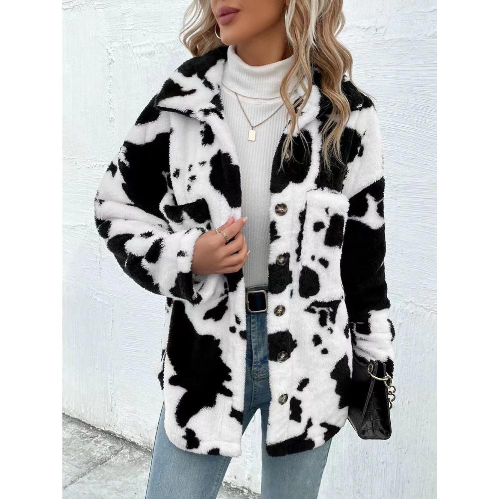 Fashion Double Sided Plush Cow Patterned Pocket Top Jacket Women's Coats Casual Tops Long Sleeve Winter Coat