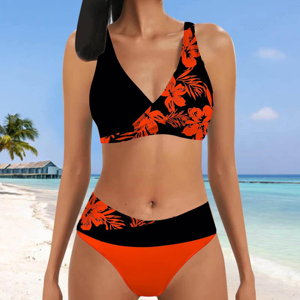 Women's Halter Two Colored Flowers Print Bikini Tankini Swimsuit