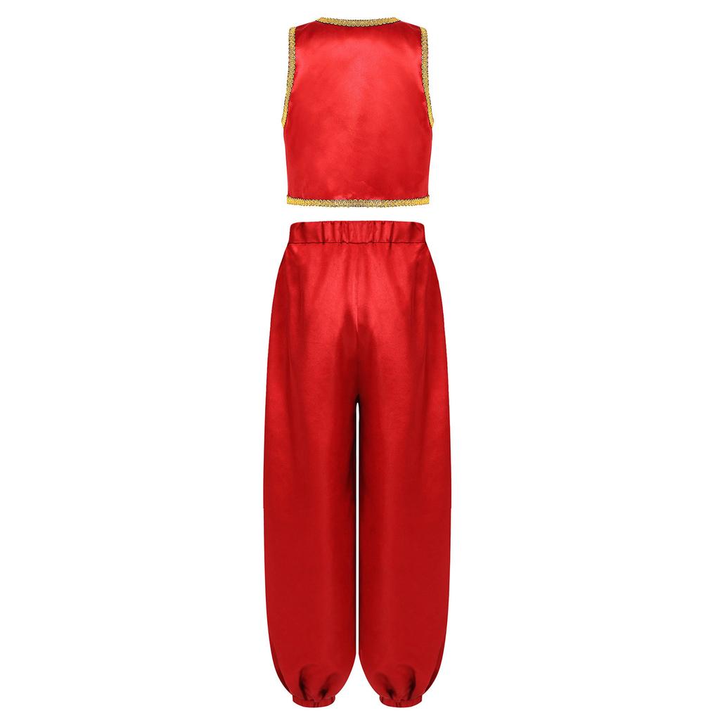 Boys Arabian Prince Costume Open Front Vest and Satin Bloomers Pants Set Halloween Theme Party Outfit