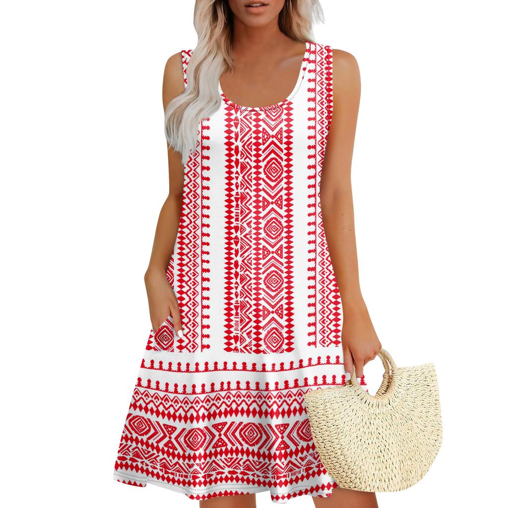 Women's Summer Casual U-shaped Tie Pocket Popular Floral Print Dress