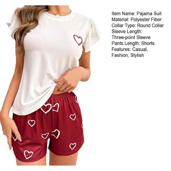 Women Ruffle Cap Sleeve Pajama Set Heart Print Top And Shorts Sleepwear Set Summer Casual Two-Piece Nightwear Lounge Set