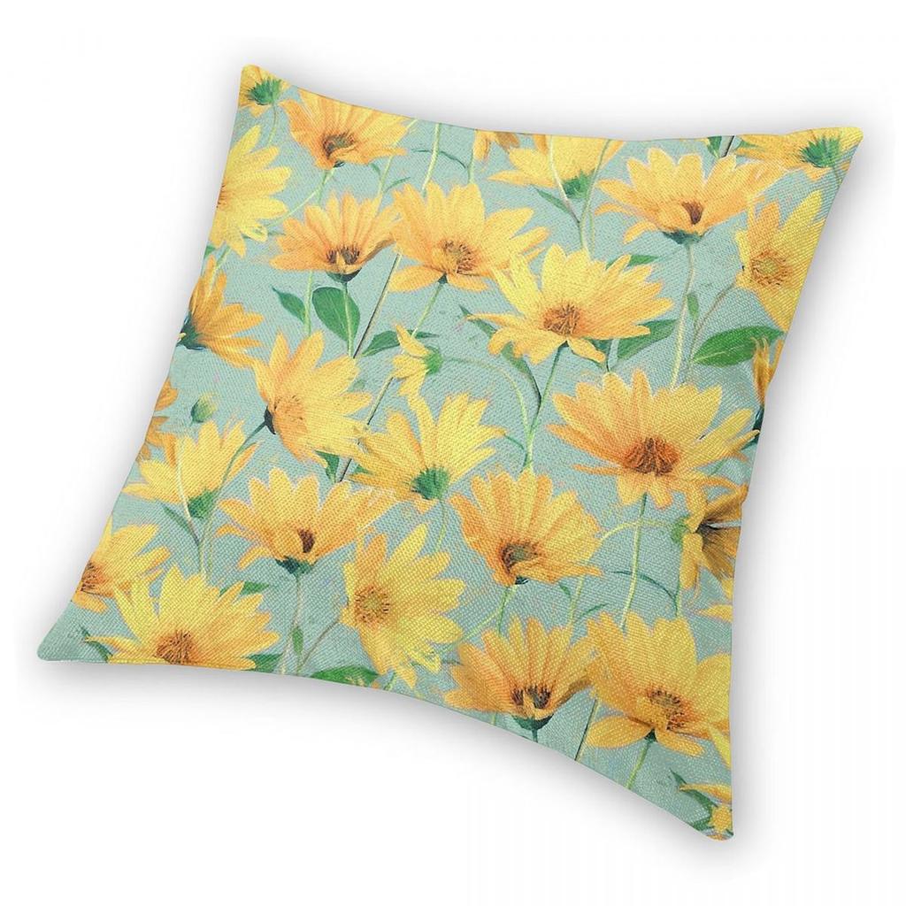 Golden Yellow Daisies Sage Green Pillowcase Polyester Linen Velvet Creative Zip Decorative Throw Pillow Case Sofa Cushion Cover