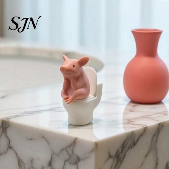 Pink Pig Figurine Miniature Toilet Figurine, Sitting on Thinking Tabletop Decor Statue, Cartoon Farm Animal Decoration for Home, Office, Bathroom