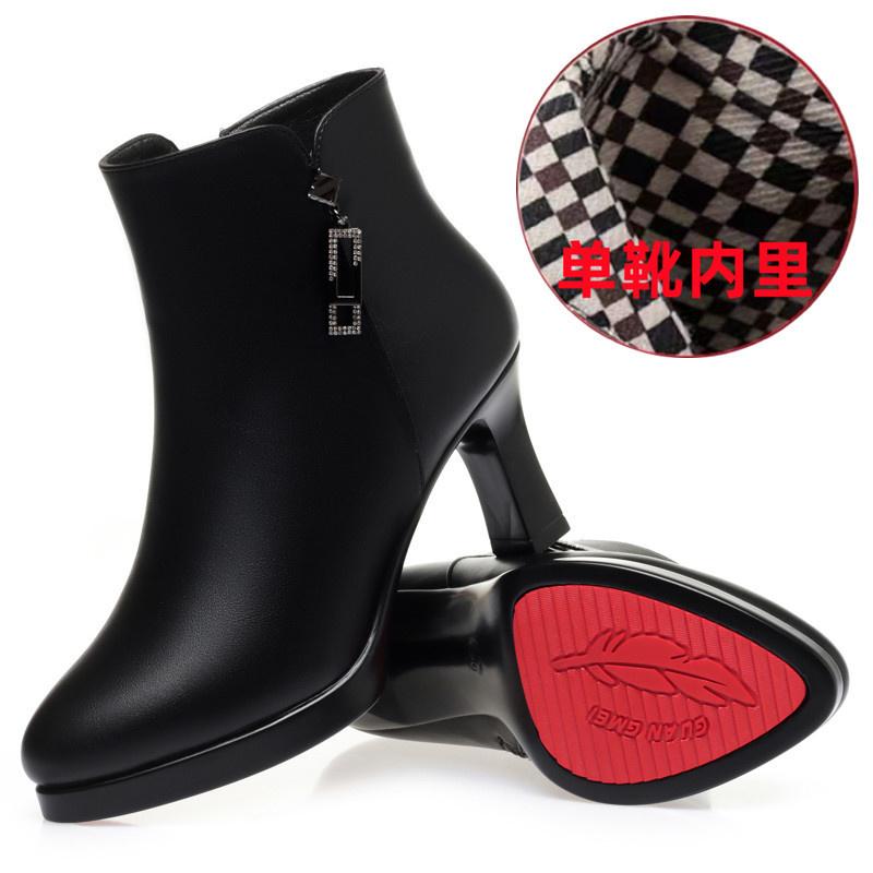 Fashion Winter Plush Velvet Pure Black Microfiber Shoes Women Pointed Toe Office Soft Leather Sole Boots Crystal Sewing Design Boots