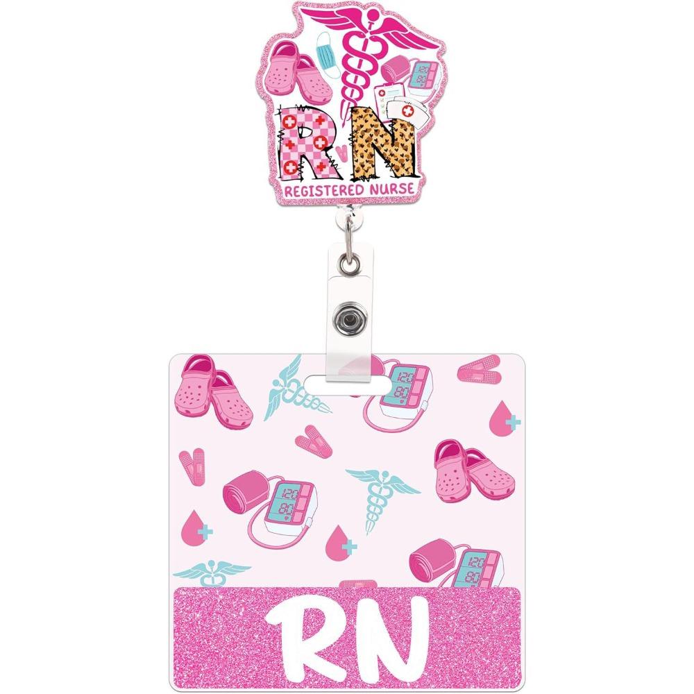 Pink Glitter Retractable ID Holder Alligator Clip Name Cards Holders Identification Tags